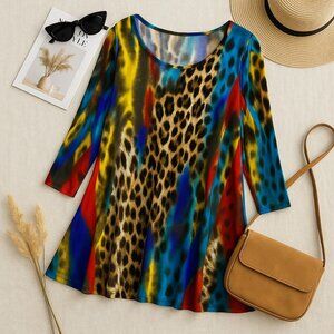 Come N See Animal Print Colorful Flowy Tunic Top With 3/4 Sleeves For Women